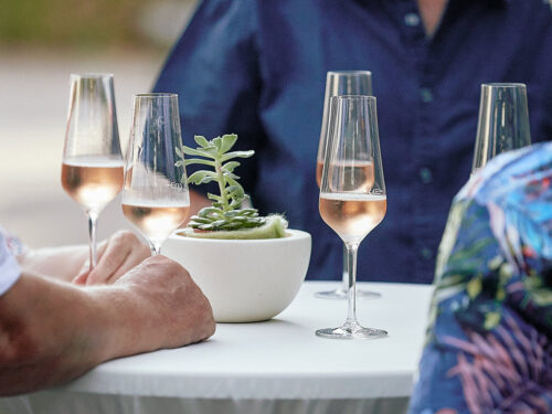 Tischaufnahme mit Sektgläsern und Tischdekoration auf der Sommer-Küchenparty – Hirsch Online Shop